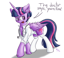 Size: 2000x1797 | Tagged: safe, artist:punk-pegasus, derpibooru import, twilight sparkle, twilight sparkle (alicorn), alicorn, pony, clothes, doctor, female, mare, socks, solo, stethoscope