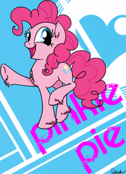 Size: 1890x2598 | Tagged: safe, artist:mercyantebellum, pinkie pie, earth pony, pony, chest fluff, ear fluff, raised hoof, solo, unshorn fetlocks