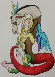 Size: 1600x2238 | Tagged: safe, artist:bleedingwings12, discord, fluttershy, pegasus, pony, death, discoshy, female, immortality blues, male, shipping, straight, traditional art