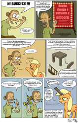 Size: 1261x2000 | Tagged: safe, artist:fidzfox, applejack, human, pony, unicorn, abuse, comic, jackabuse