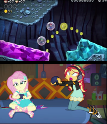 Size: 474x548 | Tagged: safe, edit, screencap, fluttershy, sunset shimmer, better together, equestria girls, game stream, converse, gamer sunset, gamershy, geode of fauna, headphones, headset, luigi, luigishy, magical geodes, mario, meme, new super mario bros., new super mario bros. u deluxe, nintendo, nintendo switch, psycho gamer sunset, rageset shimmer, shoes, shrunken pupils, sneakers, sunset gamer, sunset shimmer frustrated at game, super mario bros., trolling