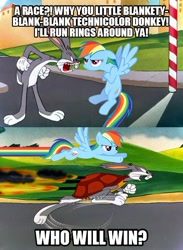 Size: 540x737 | Tagged: safe, derpibooru import, rainbow dash, pegasus, pony, bugs bunny, crossover, image macro, looney tunes, meme, race