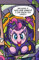 Size: 295x446 | Tagged: safe, artist:tonyfleecs, derpibooru import, idw, pinkie pie, earth pony, pony, from the shadows, spoiler:comic, spoiler:comic52, cropped, cthulhu, eldritch abomination, female, library, lovecraft, mare, official comic, speech bubble, tentacles, xk-class end-of-the-world scenario