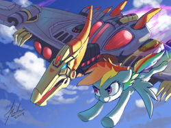 Size: 2828x2120 | Tagged: safe, artist:raikoh, derpibooru import, rainbow dash, pegasus, pony, cloud, commission, crossover, dinobot, fall of cybertron, female, mare, signature, sky, smiling, swoop, transformers