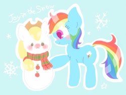 Size: 1024x768 | Tagged: safe, artist:1drfl_world_end, derpibooru import, rainbow dash, pegasus, pony, blushing, clothes, female, hat, implied appledash, implied lesbian, implied shipping, mare, scarf, snow, snowman, solo, wingless