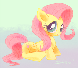 Size: 768x677 | Tagged: safe, artist:gekiamana, fluttershy, pegasus, pony, cute, looking at you, prone, shyabetes, smiling, solo