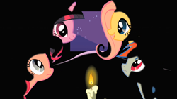 Size: 1280x720 | Tagged: safe, derpibooru import, screencap, fluttershy, pinkie pie, rainbow dash, twilight sparkle, earth pony, pegasus, pony, over a barrel, candle, meme origin