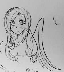 Size: 1141x1280 | Tagged: safe, artist:glacierclear, fluttershy, human, :<, cleavage, female, humanized, monochrome, sketch, solo, traditional art, winged humanization