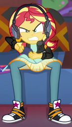 Size: 396x690 | Tagged: safe, screencap, sunset shimmer, better together, equestria girls, game stream, angry, clothes, converse, cropped, female, gamer sunset, headphones, pants, shoes, shrunken pupils, sneakers, sunset gamer