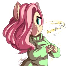 Size: 1099x986 | Tagged: safe, artist:yukomaussi, fluttershy, anthro, pegasus, clothes, female, simple background, solo, sweater, sweatershy, white background