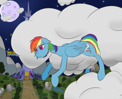 Size: 1776x1436 | Tagged: safe, artist:quarmaid, derpibooru import, rainbow dash, pegasus, pony, castle, cloud, female, moon, mountain, rainbow hair, road, sad, twilight's castle