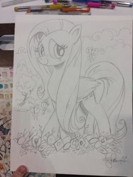 Size: 843x1124 | Tagged: safe, artist:andypriceart, fluttershy, butterfly, pegasus, pony, flower, solo, traditional art