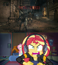 Size: 1280x1440 | Tagged: safe, edit, fluttershy, sunset shimmer, better together, equestria girls, game stream, angry, bloodborne, meme, psycho gamer sunset, sunset gamer, sunset shimmer frustrated at game