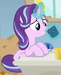 Size: 368x450 | Tagged: safe, screencap, starlight glimmer, pony, unicorn, marks for effort, chocolate, cropped, drink, drinking, empathy cocoa, food, glowing cup, glowing horn, hooves on the table, horn, hot chocolate, lifting, looking at something, marshmallows, sitting, solo, starlight's office