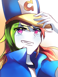 Size: 601x802 | Tagged: safe, artist:sion-ara, derpibooru import, rainbow dash, equestria girls, clothes, feminism, grin, hat, rainbow dash always dresses in style, shako, shirt, solo, sweatshirt, t-shirt, wondercolts