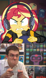 Size: 1150x1943 | Tagged: safe, edit, edited screencap, screencap, fluttershy, sunset shimmer, better together, equestria girls, game stream, angry, angry video game nerd, comparison, controller, gamer, headset, james rolfe, psycho gamer sunset, rage, sunset gamer