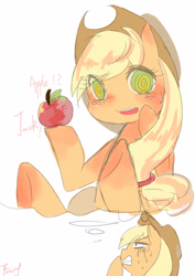 Size: 2480x3507 | Tagged: safe, artist:yunachanfairy, applejack, earth pony, pony, pixiv, solo, thinking