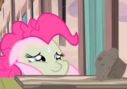 Size: 440x310 | Tagged: safe, screencap, pinkie pie, pony, the cutie map, animated, baked bads, chewing, cropped, eating, female, green face, mare, muffin, nauseous, sick, solo, sweat, winnie the pink