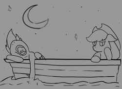 Size: 1280x930 | Tagged: artist needed, safe, derpibooru import, applejack, rainbow dash, earth pony, pegasus, pony, 30 minute art challenge, boat, moon, night, sleeping, stars, water