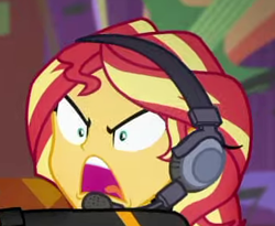 Size: 355x291 | Tagged: safe, screencap, sunset shimmer, better together, equestria girls, game stream, cropped, female, frustrated, gamer sunset, headphones, yelling