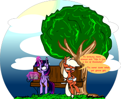 Size: 1963x1610 | Tagged: safe, artist:mushroomcookiebear, applejack, twilight sparkle, twilight sparkle (alicorn), alicorn, earth pony, pony, bench, book, box, female, forrest gump, magic, mare, movie reference, sitting, telekinesis, written equestrian