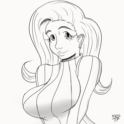 Size: 1000x1000 | Tagged: safe, artist:thethunderpony, fluttershy, human, big breasts, breasts, clothes, female, hootershy, huge breasts, humanized, monochrome, smiling, solo, sweater, sweatershy