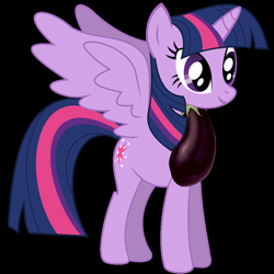 Size: 600x600 | Tagged: safe, derpibooru import, twilight sparkle, twilight sparkle (alicorn), alicorn, pony, eggplant, eggplantification, female, mare, princess eggplant sparkle, smiling, solo, spread wings, wat