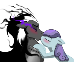 Size: 708x598 | Tagged: safe, artist:mickeymonster, derpibooru import, king sombra, sapphire joy, pony, umbrum, unicorn, eyes closed, kissing, shipping