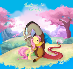 Size: 1152x1098 | Tagged: safe, artist:c-puff, discord, fluttershy, draconequus, pegasus, pony, blushing, bush, cherry blossoms, cloud, crying, cute, discoshy, discute, eyes closed, female, happy, heart, heartwarming, hug, male, mare, mountain, shipping, shyabetes, sitting, smiling, standing, straight, sweet dreams fuel, tears of joy, text, tree, wholesome