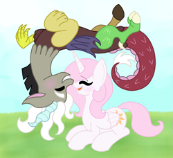 Size: 2031x1851 | Tagged: safe, artist:thecrystalring, discord, princess celestia, alicorn, pony, blushing, boop, cewestia, cute, cutelestia, daaaaaaaaaaaw, discute, dislestia, female, field, filly, floating, grin, male, noseboop, open mouth, pink-mane celestia, shipping, smiling, straight, upside down, weapons-grade cute, younger
