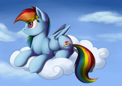 Size: 1280x900 | Tagged: safe, artist:ac-whiteraven, derpibooru import, rainbow dash, pegasus, pony, cloud, cloudy, female, mare, prone, sky, solo