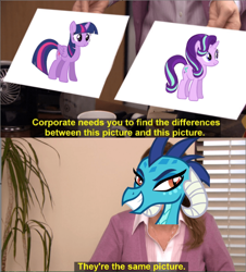 Size: 640x709 | Tagged: safe, dragon lord ember, princess ember, starlight glimmer, twilight sparkle, twilight sparkle (alicorn), alicorn, pony, unicorn, exploitable meme, meme, text, the office, they're the same picture