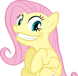 Size: 908x880 | Tagged: safe, artist:demonioblanco, fluttershy, pegasus, pony, creepy, faic, grin, gritted teeth, inverted mouth, simple background, smiling, solo, sweat, transparent background, vector