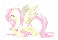 Size: 835x570 | Tagged: safe, artist:neo-gra, fluttershy, pegasus, pony, prone, solo, spread wings