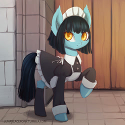 Size: 1200x1200 | Tagged: safe, artist:lunarlacepony, oc, oc only, oc:lunar lace, earth pony, pony, castle, clothes, cuffs (clothes), cute, dress, female, full color, interactive, kind, looking at you, maid, mare, raised hoof, smiling, solo, stockings, story, thigh highs