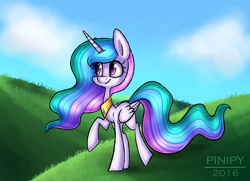 Size: 1024x743 | Tagged: safe, artist:pinipy, princess celestia, alicorn, pony, raised hoof, smiling, solo