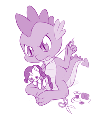 Size: 791x900 | Tagged: safe, artist:dstears, rarity, spike, dragon, pony, unicorn, claws, fixing, monochrome, newbie artist training grounds, plushie, rarity plushie, sewing, solo