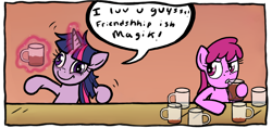 Size: 1600x757 | Tagged: safe, artist:thecheeseburger, derpibooru import, berry punch, berryshine, twilight sparkle, alcohol, beer, cropped, drunk, drunk twilight