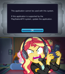 Size: 1920x2160 | Tagged: safe, artist:jarrahwhite, edit, edited screencap, screencap, fluttershy, sunset shimmer, better together, equestria girls, game stream, angry, error message, gamer sunset, headphones, headset, meme, playstation tv, playstation vita, playstation vita tv, psycho gamer sunset, spyhunter, sunset gamer, sunset shimmer frustrated at game, wb games, youtube link in the description