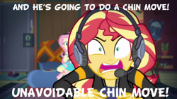 Size: 1280x720 | Tagged: safe, edit, edited screencap, screencap, fluttershy, sunset shimmer, equestria girls, equestria girls series, game stream, spoiler:eqg series (season 2), angry, arin hanson, egoraptor, game grumps, gamer sunset, grumpset shimmer, headphones, headset, not so grumpershy, sonic and the black knight, sunset gamer