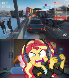 Size: 874x988 | Tagged: safe, edit, screencap, fluttershy, sunset shimmer, better together, equestria girls, game stream, angry, forza, forza horizon, forza horizon 4, meme, nissan, nissan skyline, psycho gamer sunset, rage, sunset gamer, sunset shimmer frustrated at game, sunset vs fluttershy