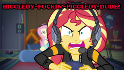 Size: 1280x720 | Tagged: safe, edit, edited screencap, screencap, fluttershy, sunset shimmer, equestria girls, equestria girls series, game stream, spoiler:eqg series (season 2), arin hanson, controller, egoraptor, game grumps, grumpset shimmer, headset mic, mario maker, not so grumpershy, sofa, sunset gamer, vulgar