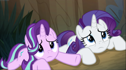 Size: 1669x937 | Tagged: safe, screencap, rarity, starlight glimmer, pony, unicorn, the mean 6, cropped, duo, female, lying down, mare, prone, underhoof