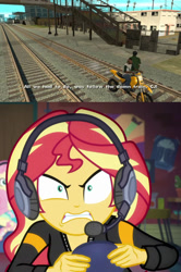 Size: 1150x1728 | Tagged: safe, edit, edited screencap, screencap, fluttershy, sunset shimmer, better together, equestria girls, game stream, angry, big smoke, carl johnson, cropped, cute, follow the damn train, grand theft auto, gta san andreas, headphones, madorable, meme, motorcycle, psycho gamer sunset, rageset shimmer, railroad, sunset gamer, sunset shimmer frustrated at game