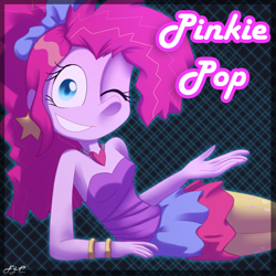 Size: 1000x1000 | Tagged: safe, artist:fj-c, pinkie pie, equestria girls, friendship through the ages, bare shoulders, clothes, humanized, new wave pinkie, skirt, sleeveless, solo, strapless, wink