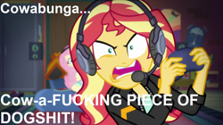 Size: 1920x1072 | Tagged: safe, fluttershy, sunset shimmer, equestria girls, equestria girls series, game stream, spoiler:eqg series (season 2), angry, angry video game nerd, caption, gamer sunset, headphones, image macro, meme, psycho gamer sunset, sunset gamer, sunset shimmer frustrated at game, swearing, text, vulgar