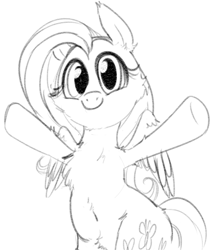 Size: 442x523 | Tagged: safe, artist:dotkwa, fluttershy, pegasus, pony, bipedal, chest fluff, fluffy, inviting, looking at you, monochrome, smiling, solo