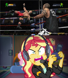 Size: 1356x1540 | Tagged: safe, edit, screencap, fluttershy, sunset shimmer, better together, equestria girls, game stream, angry, christopher daniels, controller, headphones, homicide (tna), meme, psycho gamer sunset, sunset shimmer frustrated at game, tna