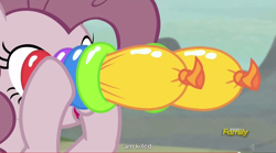 Size: 1280x712 | Tagged: safe, screencap, pinkie pie, earth pony, pony, the cutie map, balloon, balloon binoculars, binoculars, meme, youtube caption