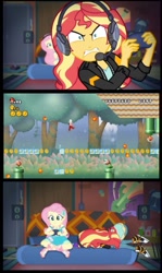 Size: 575x968 | Tagged: safe, edit, edited screencap, screencap, fluttershy, sunset shimmer, better together, equestria girls, game stream, converse, face down ass up, gamer sunset, mario, meme, new super mario bros. wii, psycho gamer sunset, shoes, sunset gamer, sunset shimmer frustrated at game